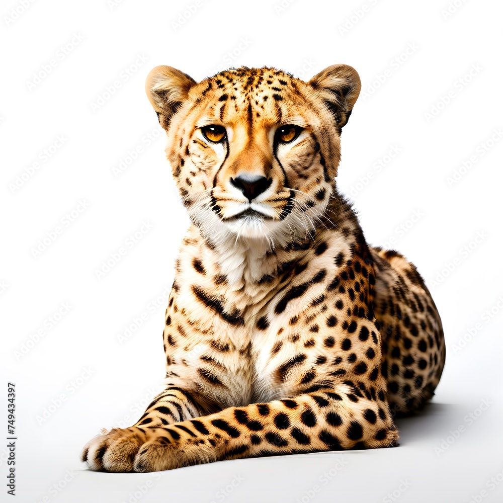A cheetah sitting on the white background, generative ai A cheetah sitting on the white background, generative ai
