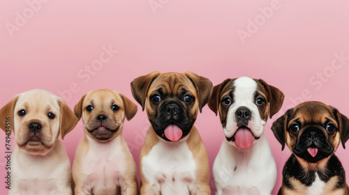 lineup of five adorable puppies with a plain background  each displaying a unique expression.
