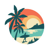 Tropical summer island logotype design. Surfing logo or summer logo design vector illustration for t-shirt, logo, icon, web, banner.