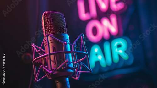 professional studio microphone with a  LIVE ON AIR  neon sign illuminated in the background  suggesting a live broadcasting or recording session.