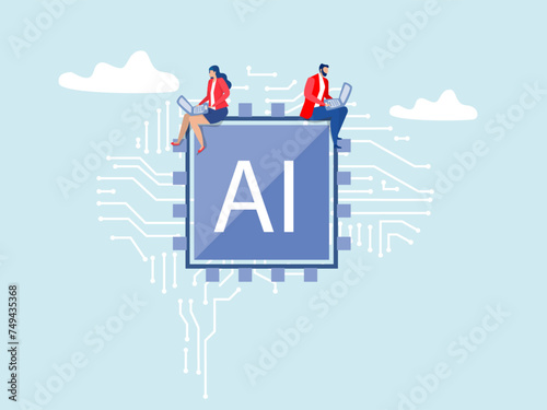 robot assistance, people work with computer laptop on AI artificial intelligence chip ,Working with chat bot or AI artificial intelligence, technology helping or support doing successful work