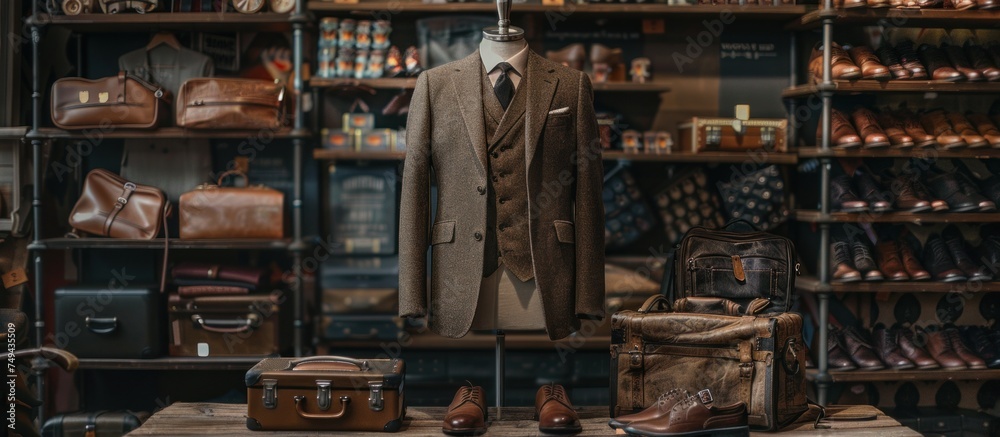 A classic suit and tie set neatly arranged on display in a store, showcasing elegant mens fashion choices.