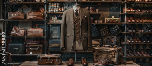 A classic suit and tie set neatly arranged on display in a store, showcasing elegant mens fashion choices. © FryArt