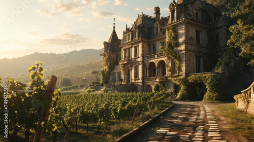 the elegance of a French Chateau nestled in a vineyard, capturing the romance of European-inspired architecture