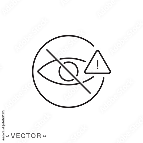 sensitive content icon, no look, sign attention or warning, eye view ban, prohibited content, thin line symbol isolated on white background, editable stroke eps 10 vector illustration