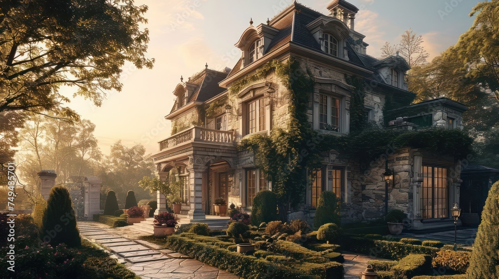 the elegance of a French Provincial house with stone accents, surrounded by a manicured garden
