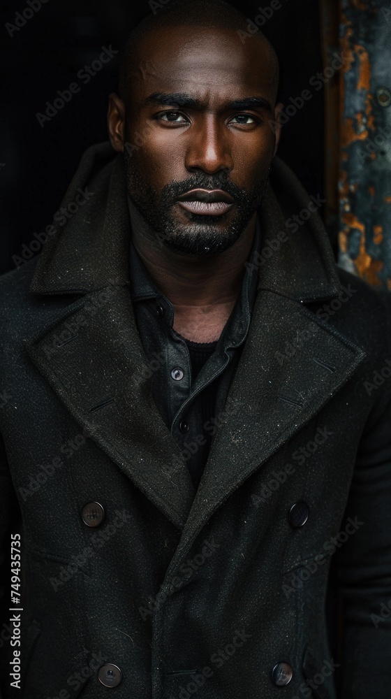 Obraz premium A poised black man wearing a dynamic black coat and shirt.