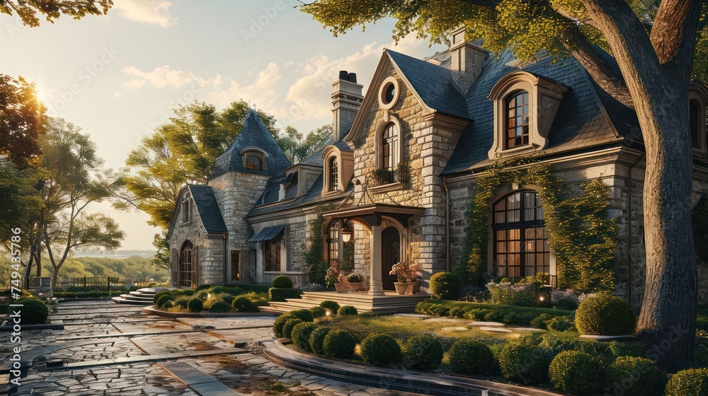 the elegance of a French Provincial house with stone accents, surrounded by a manicured garden - obrazy, fototapety, plakaty 