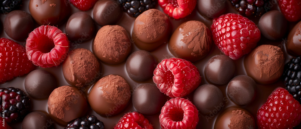 Background of Chocolate Bonbons strawberries, blackberries, raspberries. - obrazy, fototapety, plakaty 
