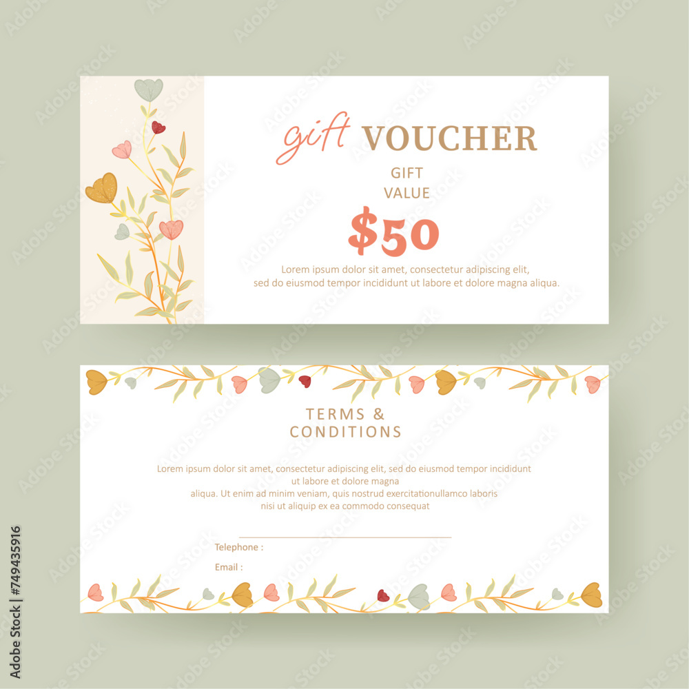 Gift voucher. Coupon template with botanic decoration. vintage design. good for boutique, jewelry, floral shop, beauty salon, spa, fashion, flyer, banner design