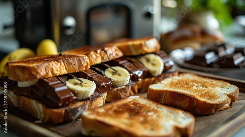 the elegance of a modern toaster preparing slices of brioche bread for an indulgent breakfast of chocolate and banana sandwiches