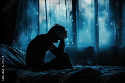 Depression man sadly and serious have problems mental health. sits in contemplation by a window, with the sunset casting a warm glow inside the room. Depressed health concept.