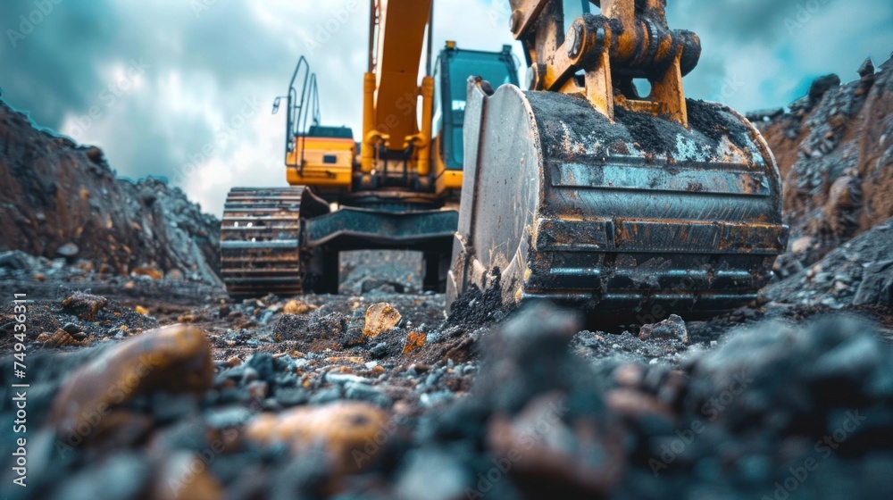 A bulldozer actively moving earth and rocks in a quarry site. A bulldozer actively moving earth and rocks in a quarry site.
