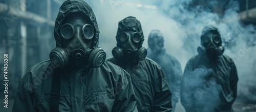 A group of individuals wearing gas masks in an industrial setting.
