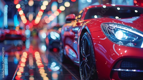 Close up sports cars in the showroom on bokeh background, light reflection. supercars. photo