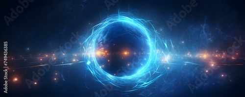 Glowing blue sphere surrounded by swirling cyber particles. Concept Cyber Sphere, Glowing Blue, Swirling Particles