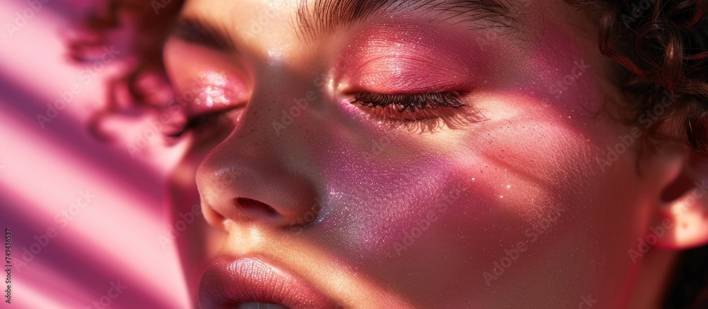 A close up of a person with vibrant pink eyeshadow, showcasing intricate makeup details and flawless application. A close up of a person with vibrant pink eyeshadow, showcasing intricate makeup details and flawless application.