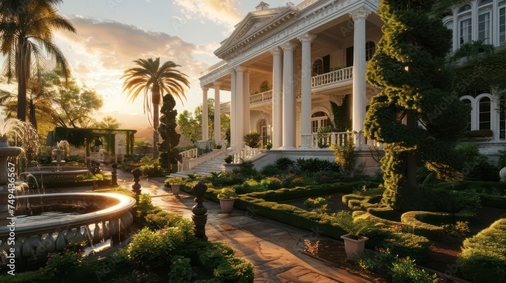 the grandeur of a Colonial Revival mansion with white columns against a backdrop of manicured gardens and fountains