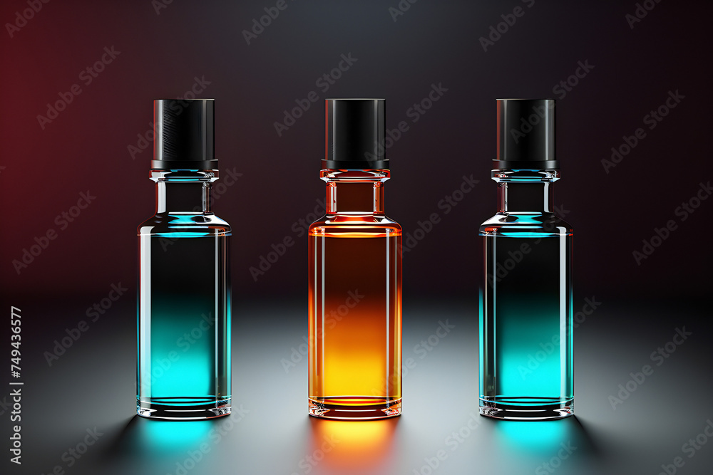 Close-up of three multi-colored bottles with cosmetics, perfumes, generated by AI. 3D illustration Close-up of three multi-colored bottles with cosmetics, perfumes, generated by AI. 3D illustration