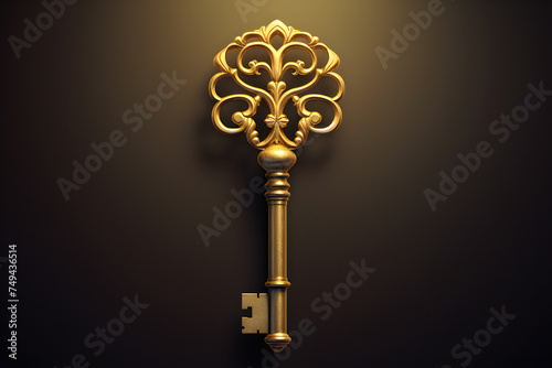 Close-up of a golden key beautifully forged on a dark background, generated by AI. 3D illustration