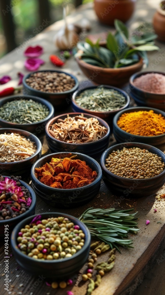 A table displaying bowls filled with an assortment of different types of spices.