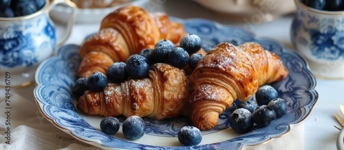 A blue and white plate holds freshly baked croissants paired with juicy blueberries, creating a delightful breakfast or snack option. The golden-brown croissants complement the vibrant blueberries photo