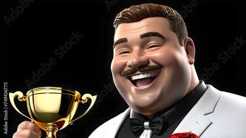 a fatty man champion winning a trophy happy smiling on a black background. man holding a trophy photo