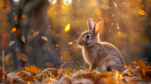 : Rabbit in Autumn Wonderland, An alert rabbit stands in a forest of golden autumn leaves, its soft fur catching the delicate rays of the morning sun, creating a serene and whimsical scene. © Pakamas