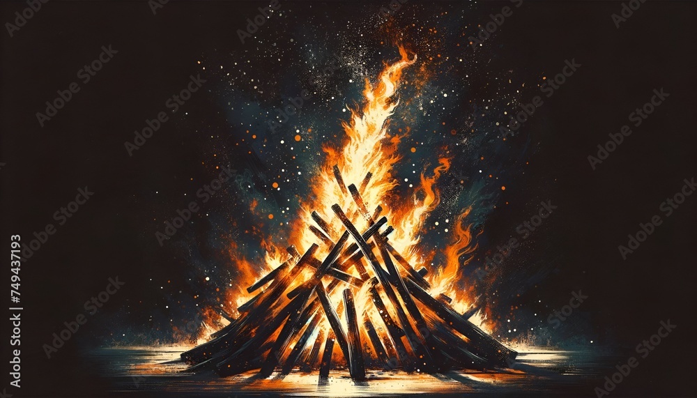 Illustration of a traditional holika dahan bonfire in grunge style. - obrazy, fototapety, plakaty 