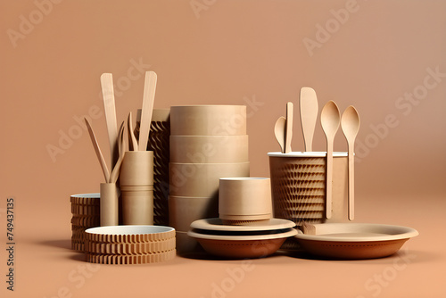The concept of eco-friendly tableware plates, cups and cutlery made from natural materials, generated by AI. 3D illustration