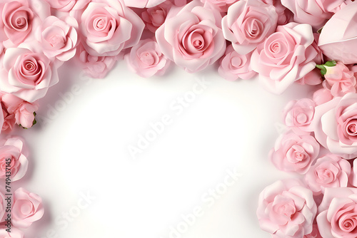 White background decorated with pink rose buds  generated by AI. 3D illustration