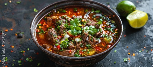 A bowl filled with rich and flavorful Birria soup, a traditional Mexican dish featuring tender meat and assorted vegetables in a savory broth.