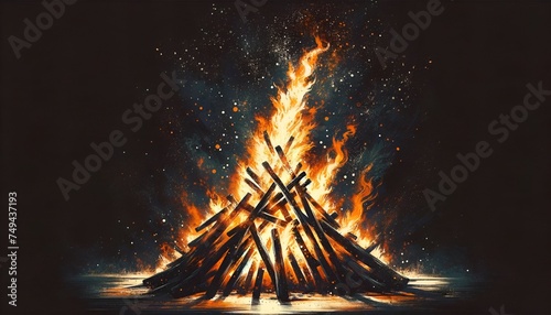 Illustration of a traditional holika dahan bonfire in grunge style.