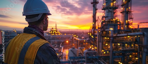 A man in a hard hat stands in front of an oil refinery, overseeing operations at dusk.