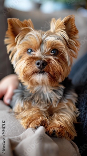 A small brown Yorkshire Terrier dog is calmly seated on top of a couch.