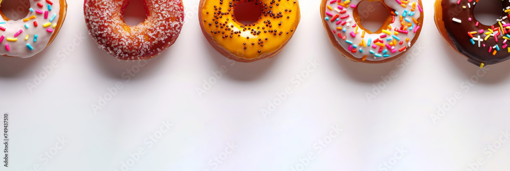 colorful Donuts on white  background with copy space for text, rainbow  donuts	