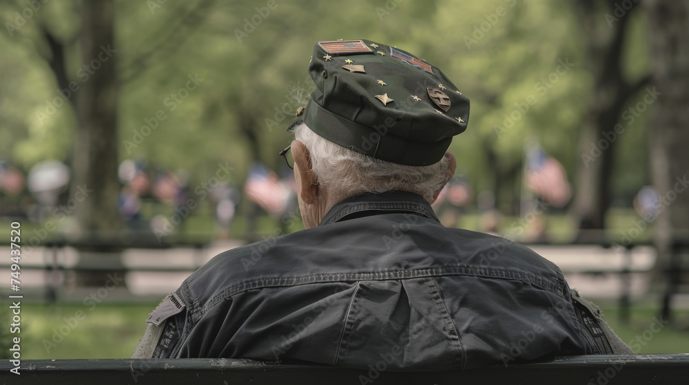 Elderly Veteran Reflecting in a Park Surrounded by American Flags