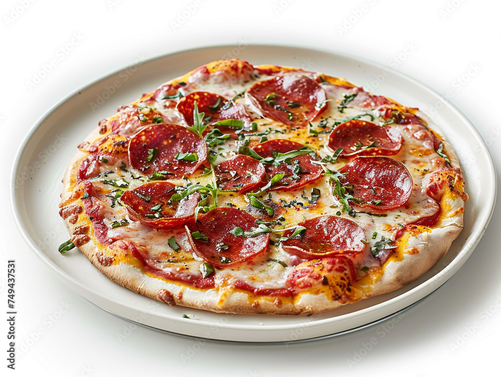  Pepperoni Pizza on Plate, A classic pepperoni pizza with a rich tomato sauce, melted mozzarella, and spicy pepperoni slices, expertly cut into even pieces and served on a grey plate.