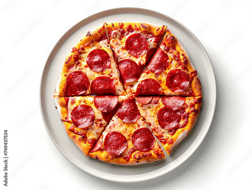 Pepperoni Pizza on Plate, A classic pepperoni pizza with a rich tomato sauce, melted mozzarella, and spicy pepperoni slices, expertly cut into even pieces and served on a grey plate. Pepperoni Pizza on Plate, A classic pepperoni pizza with a rich tomato sauce, melted mozzarella, and spicy pepperoni slices, expertly cut into even pieces and served on a grey plate.