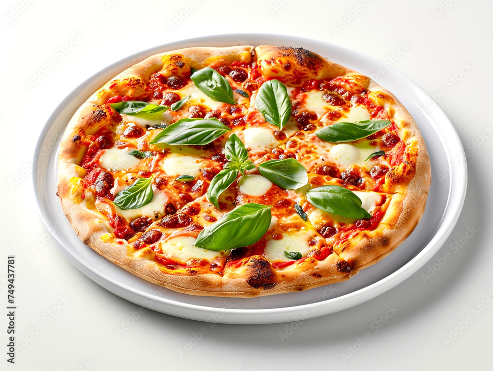Margherita Pizza with Fresh Basil, Authentic Margherita pizza with melted mozzarella, tangy tomato sauce, and fresh basil leaves, perfectly charred crust, served on a round plate with a white backgrou