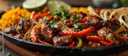 Detailed view of a mouth-watering Mexican fajita platter on a wooden table.