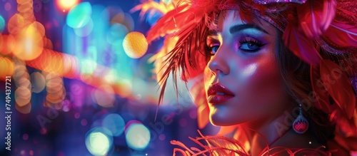 A woman adorned with vibrant makeup and feathers on her head, standing out in a festive carnival night setting.