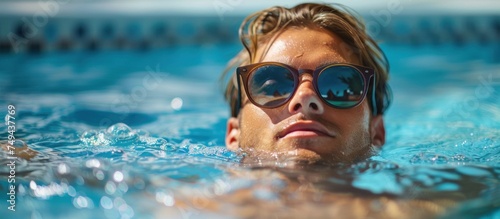 A man wearing sunglasses is swimming in a pool with blue water under the sun.