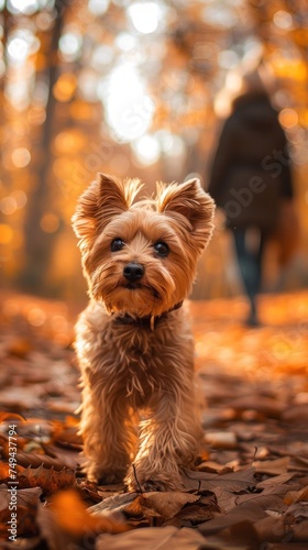 A small brown Yorkshire Terrier dog standing on top of a ground covered with leaves. © FryArt