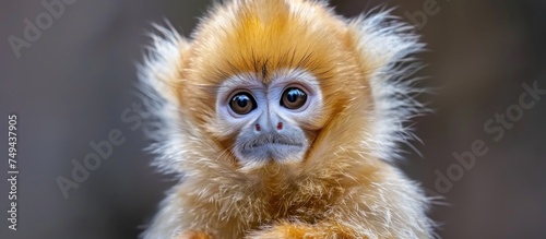 A close-up view of a majestic golden snub-nosed monkey holding a stuffed animal in its habitat.