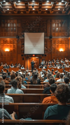 A speaker presents to a full lecture hall, with the audience sitting attentively. A projector screen displays information, creating a dynamic learning environment.