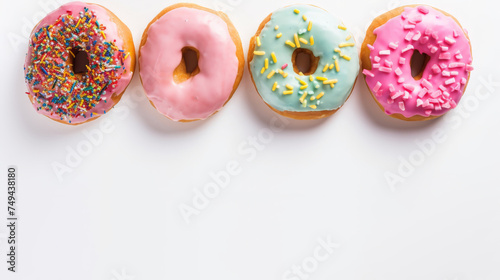 colorful Donuts on white background with copy space for text, rainbow donuts 