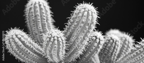 Detailed close-up of a cactus plant in black and white, highlighting its unique features and textures. photo