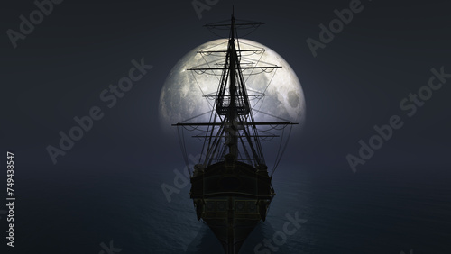 old ship in sea full moon illustration © aleksandar nakovski