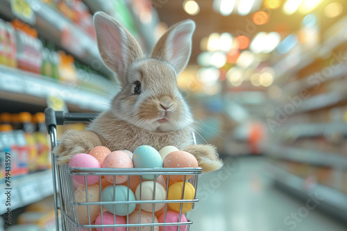 Easter bunny standing with shopping cart of Easter eggs in supermarket photo